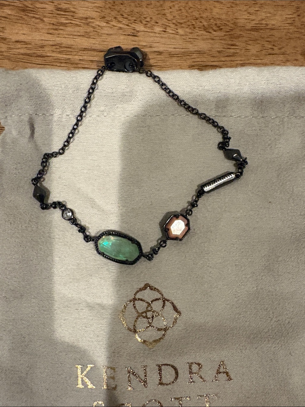Kendra Scott Blackened Silver Bracelet with Green and Peach Stones